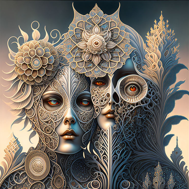 Intricately designed steampunk faces with metallic textures on dark backdrop