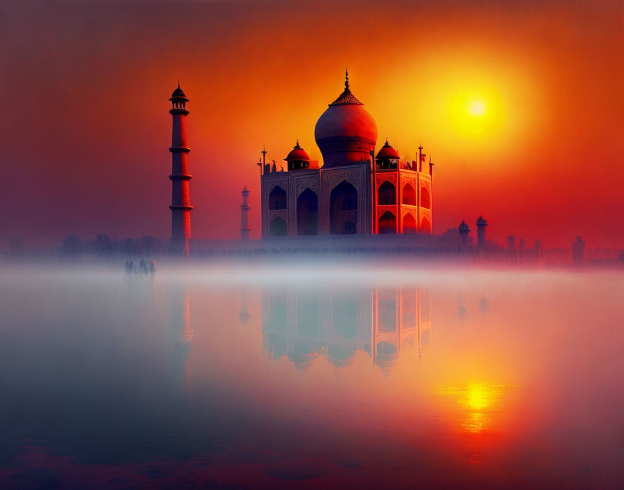 Iconic Taj Mahal silhouette at sunset reflected in water under orange sky