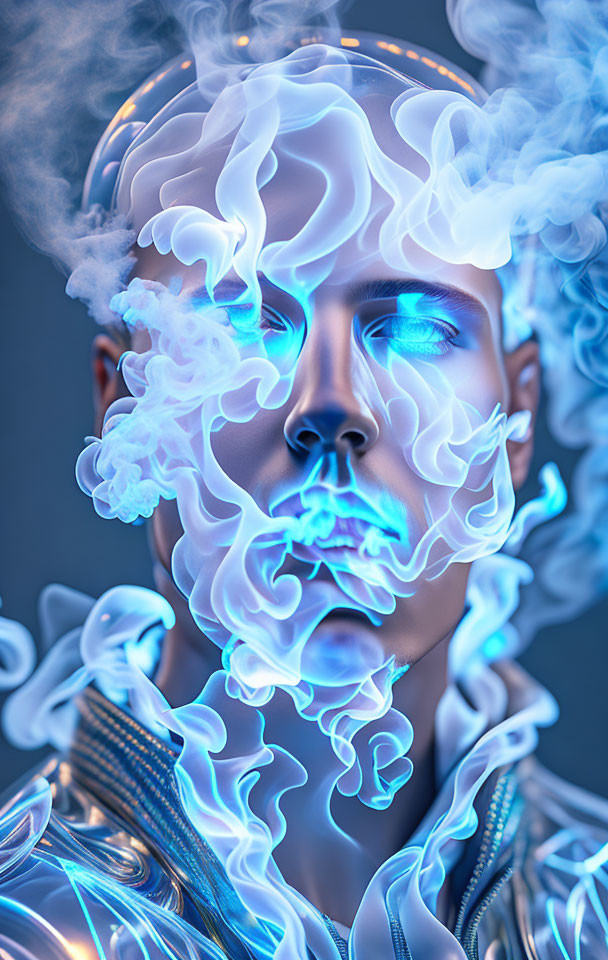 Digital art portrait: Person with luminescent blue skin and swirling smoke on dark background