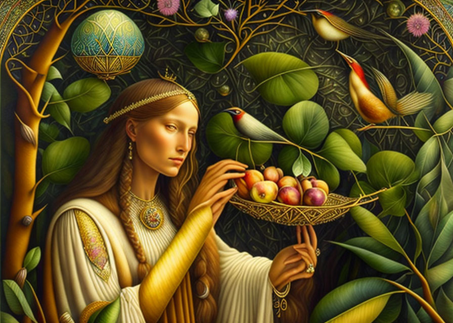 Detailed painting of woman with fruit basket, lush foliage, colorful birds