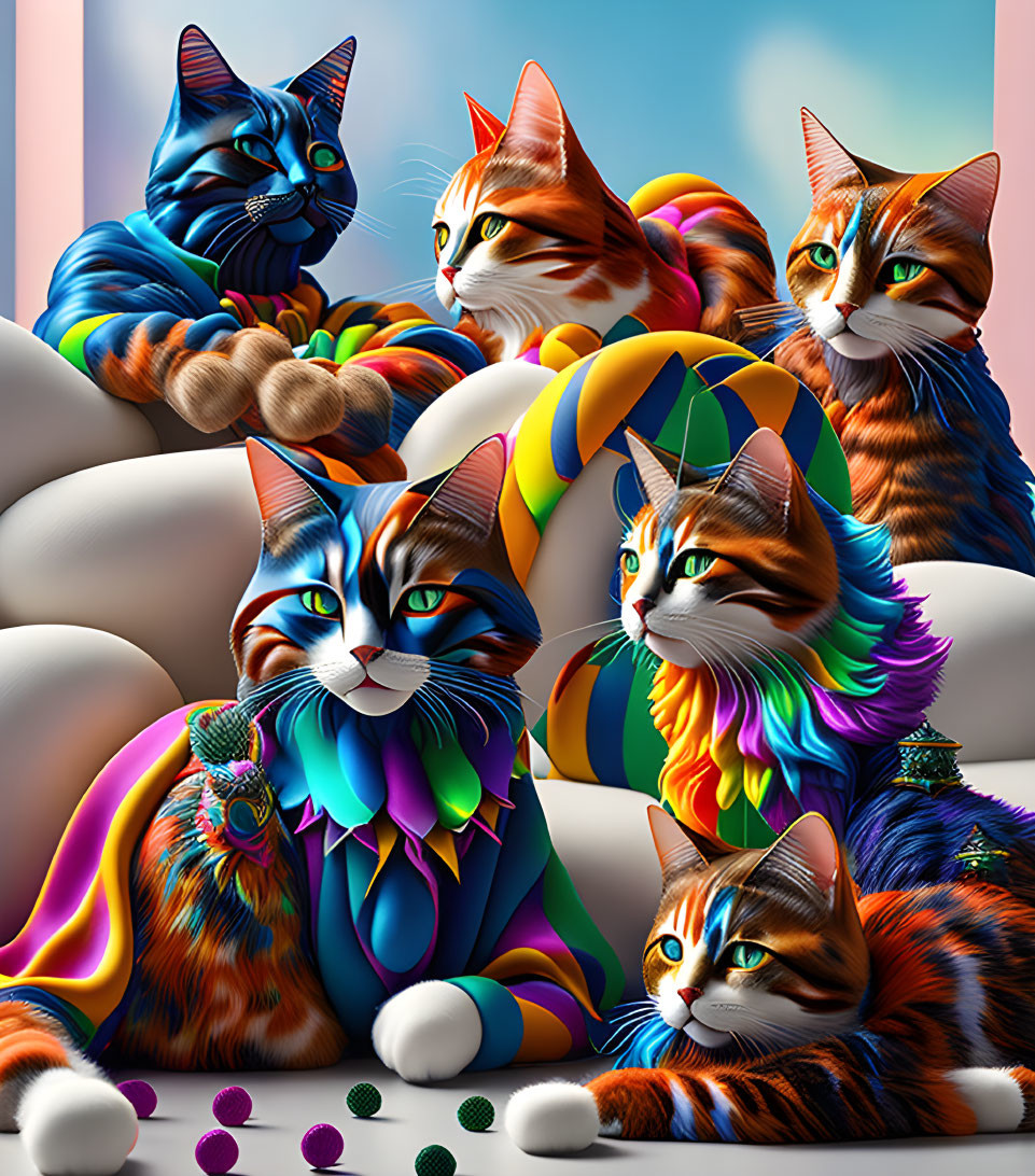 Vibrant illustration: five stylized cats with intricate patterns on soft pink and blue backdrop.