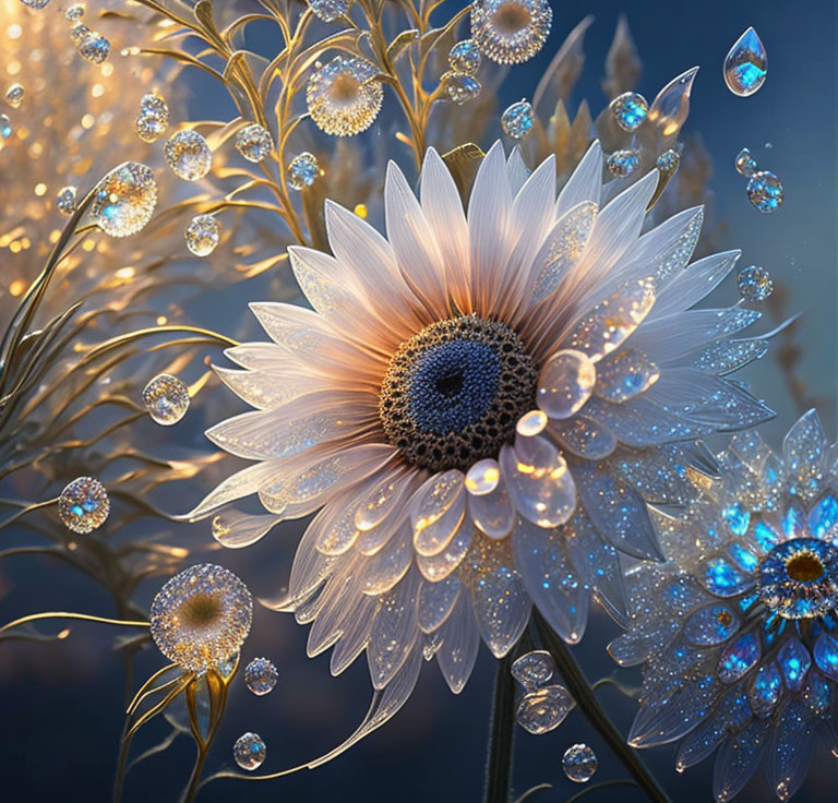 Close-Up Sunflower Digital Artwork with Dewdrop-Adorned Petals