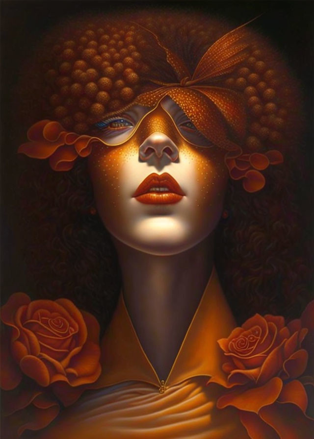 Portrait of Woman with Blindfolded Eyes and Roses in Warm Palette