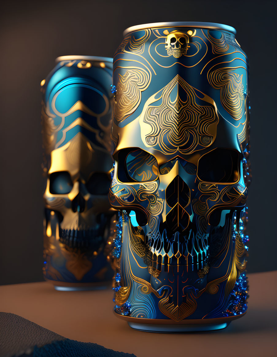 Skull graphics on gold and blue cans against dark backdrop