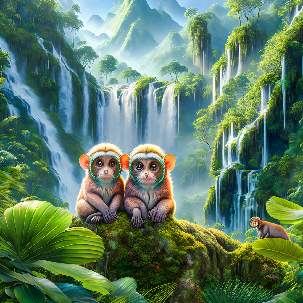 Wide-eyed monkeys in front of majestic waterfall in lush jungle