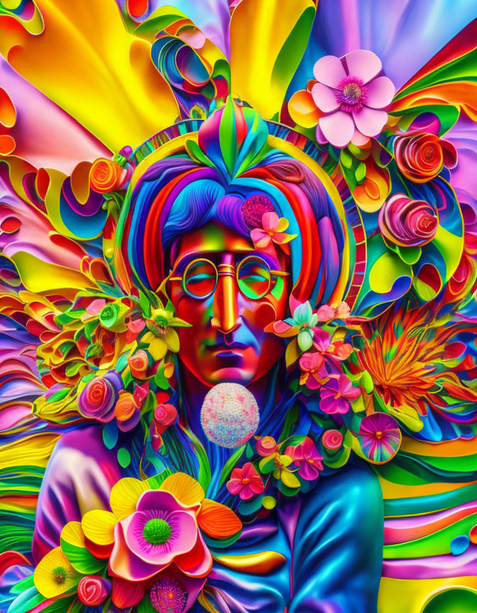 Colorful Psychedelic Portrait with Figure, Flowers, and Swirling Patterns