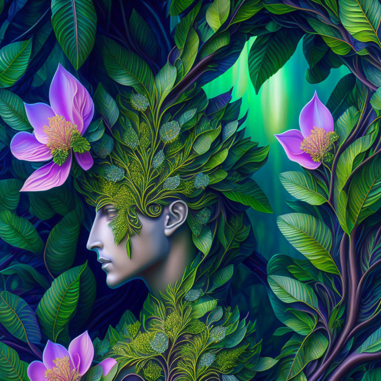 Digital art: Side profile of person with leaf headpiece in lush floral setting