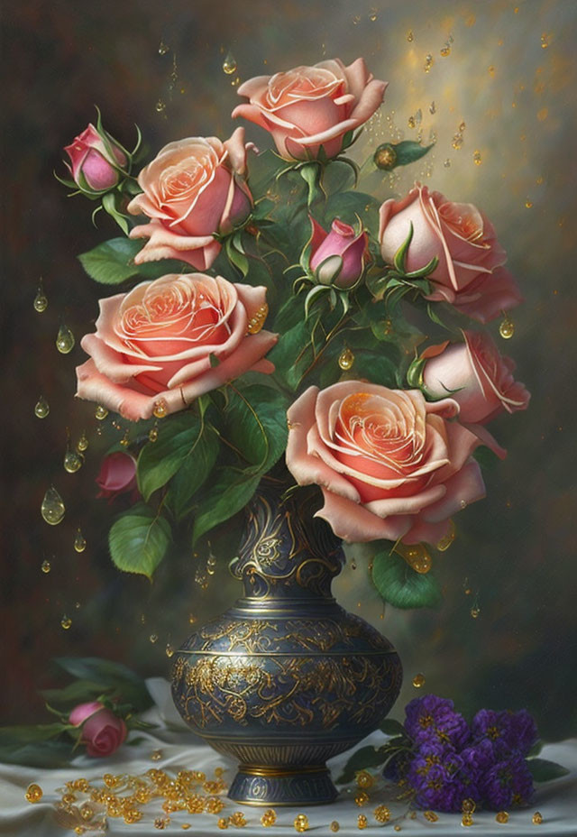 Pink roses in ornate vase with droplets, purple flowers, and pearls