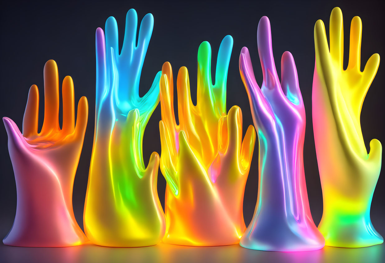 Vibrant neon-lit translucent hand sculptures on dark backdrop