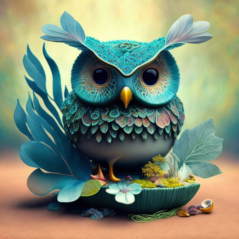 Colorful Whimsical Owl Illustration with Teal Palette and Leaf Adornments