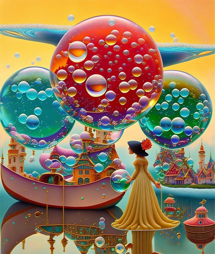 Woman in Long Dress on Pier Watching Colorful Bubbles and Fantasy Landscape