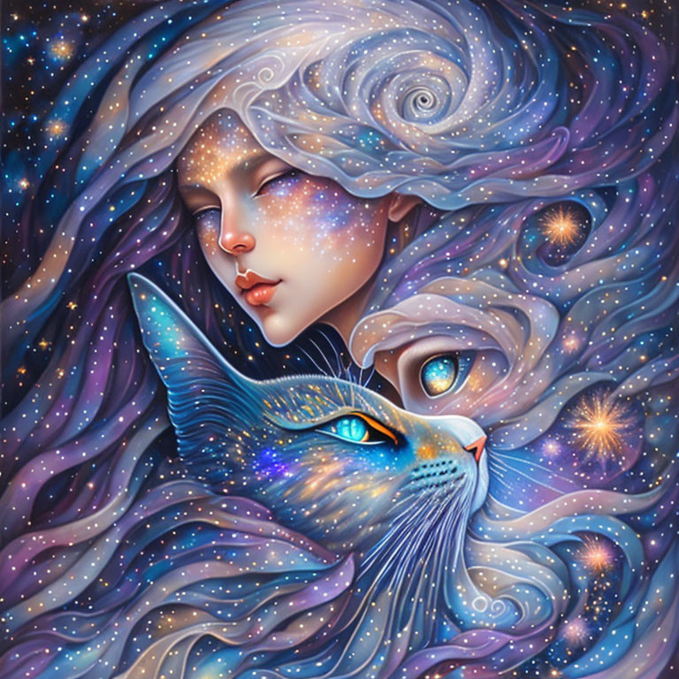 Fantasy illustration: Woman with cosmic hair and galaxy-patterned cat on starry night sky.