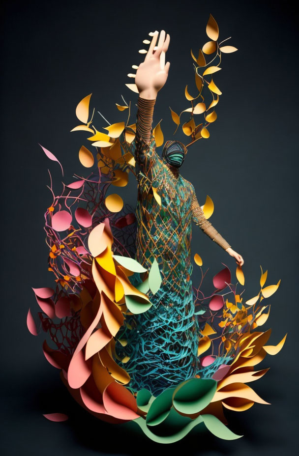 Vibrant human figure sculpture entwined with leaf-like shapes