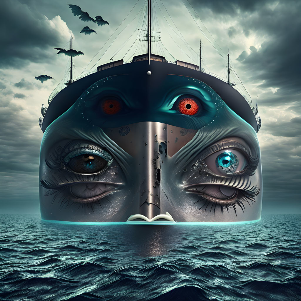 Surreal ship with human face bow on calm sea under cloudy sky