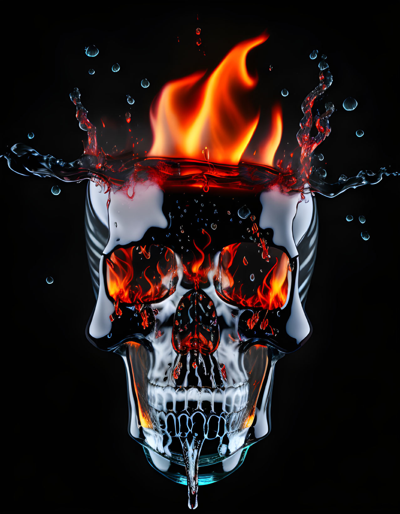 Flaming glass skull submerged in water on black background