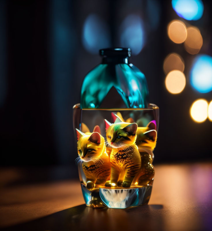 Glass jar with two illuminated cat figurines on dark bokeh background