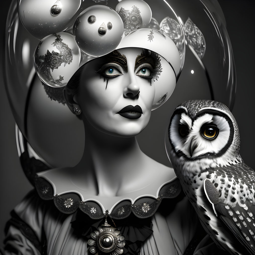 Monochrome image of woman with blue eyes, owl, and intricate designs