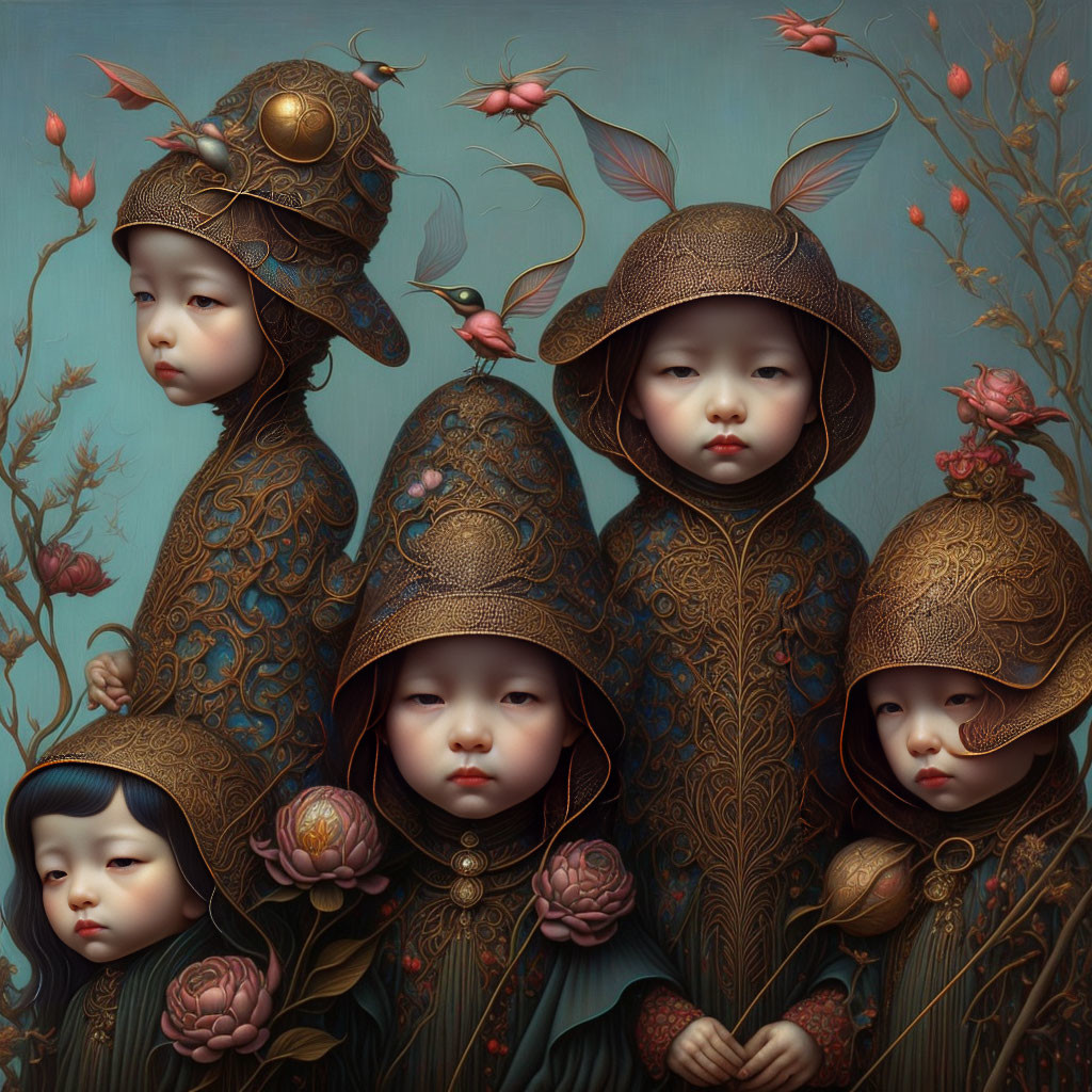 Four children in ornate floral helmets against delicate floral backdrop