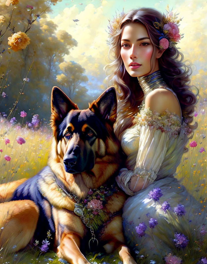 Fantasy-themed woman with floral adornments beside German Shepherd in sunlit meadow