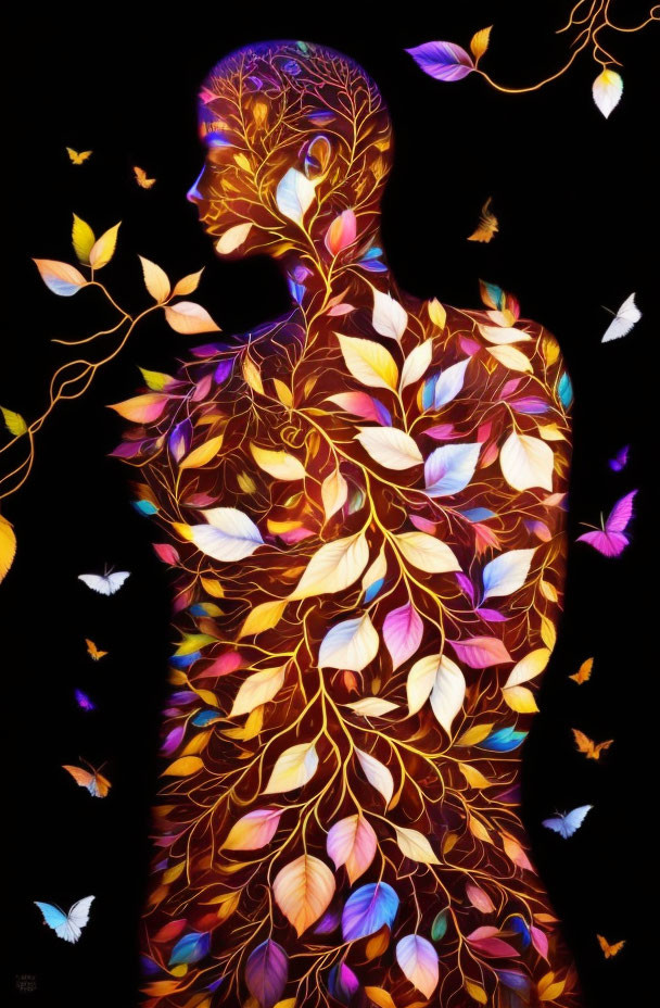 Colorful Autumn Leaves Human Silhouette with Butterflies on Black Background