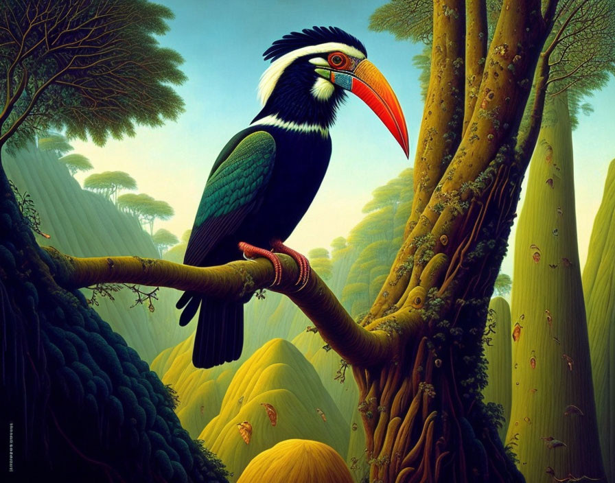 Detailed Toucan Perched on Branch with Tropical Foliage