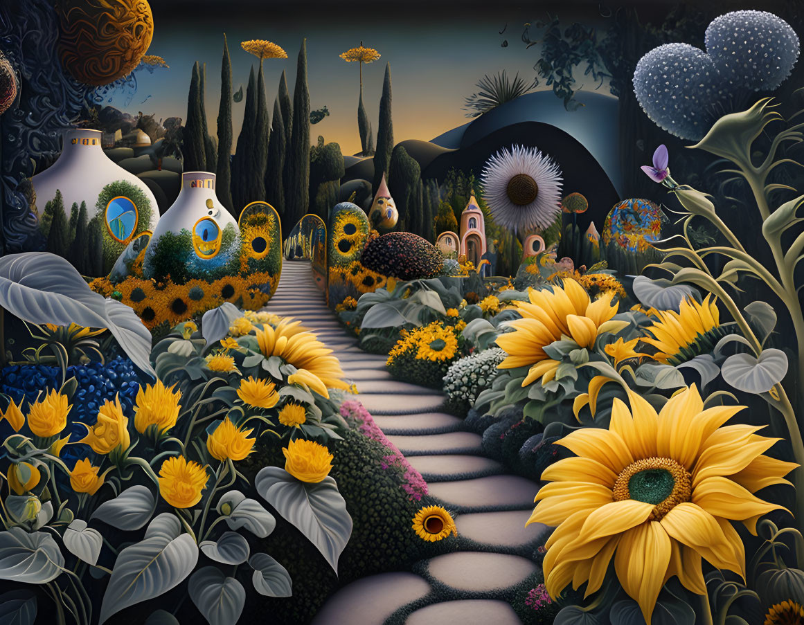 Surreal landscape with whimsical structures and sunflowers