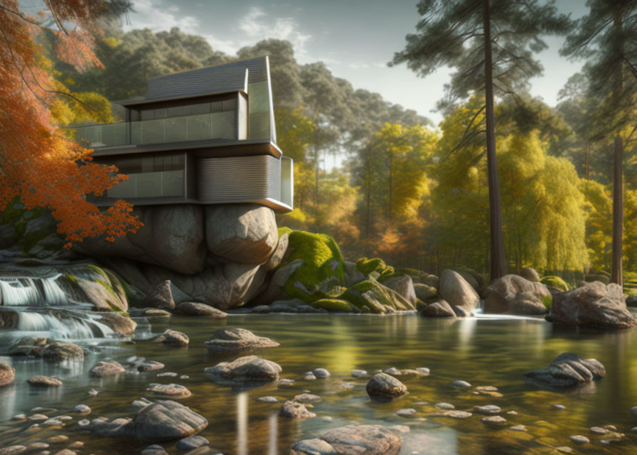 Modern House on Rock Overlooking River with Autumn Trees