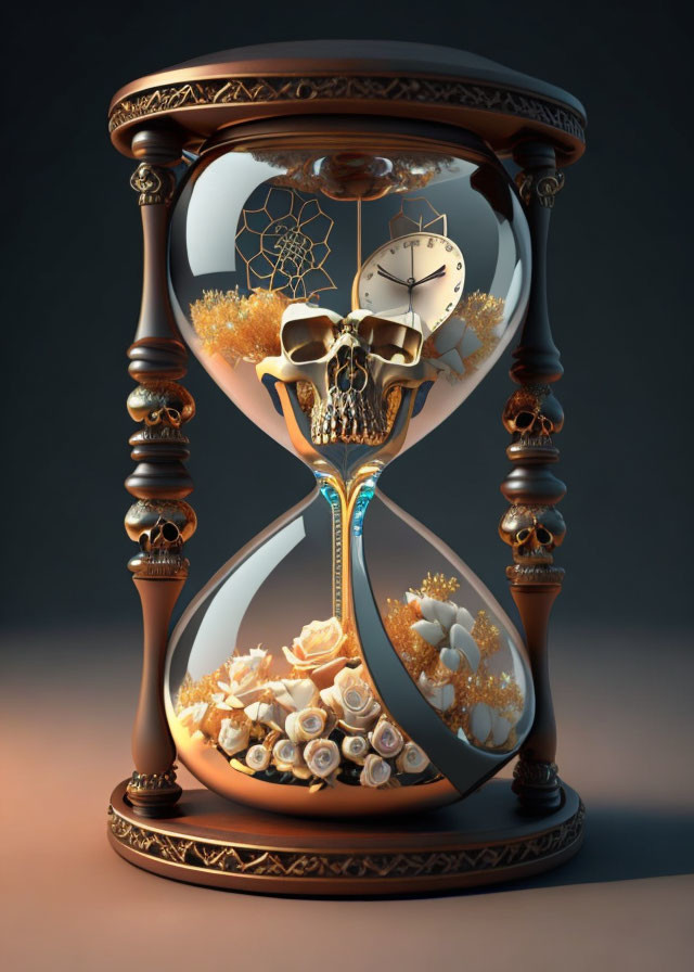 Intricate hourglass with skull, clock elements, gears, and golden foliage on muted background