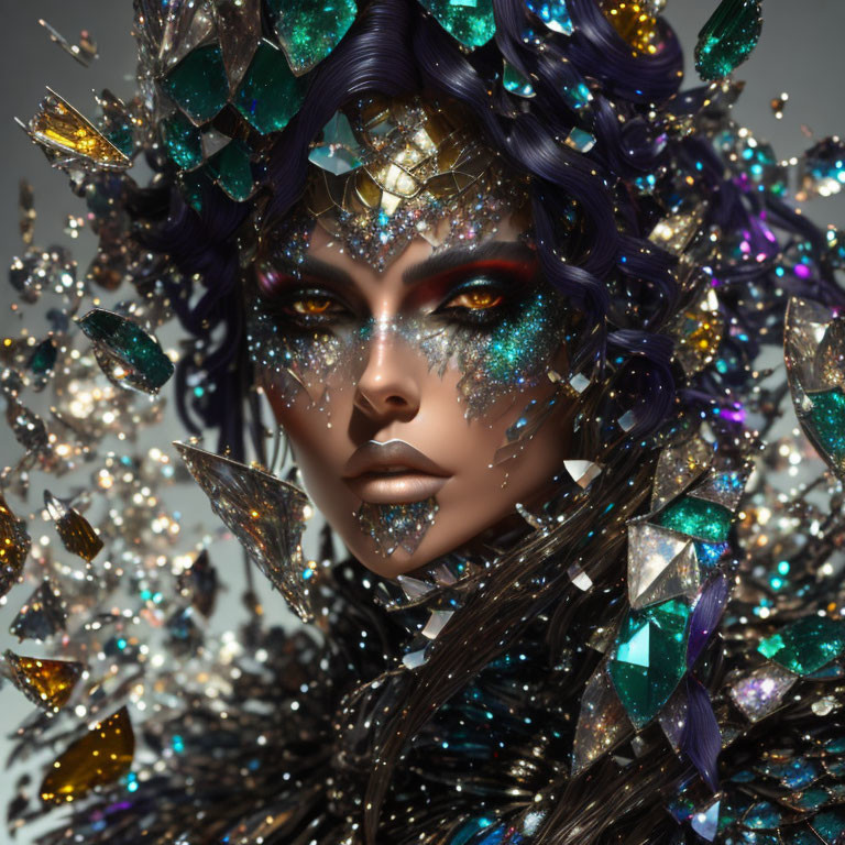 Fantastical portrait of a woman with gemstone makeup and elaborate headdress