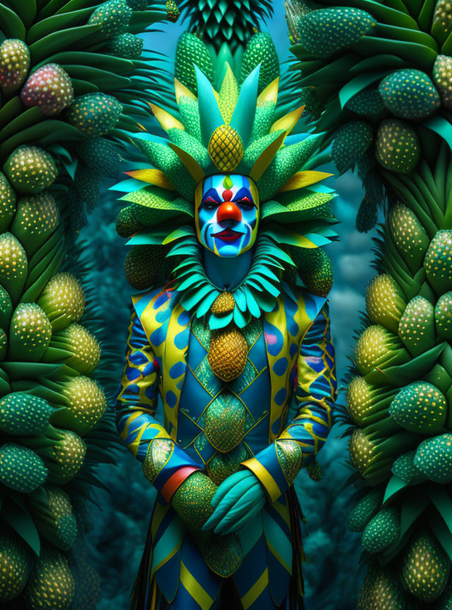 Colorful character in pineapple costume with surreal pineapple backdrop