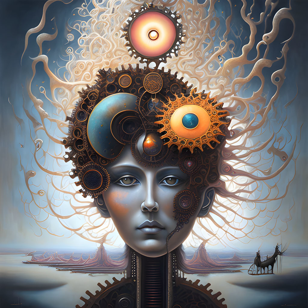 Surreal humanoid portrait with mechanical elements and glowing orbs