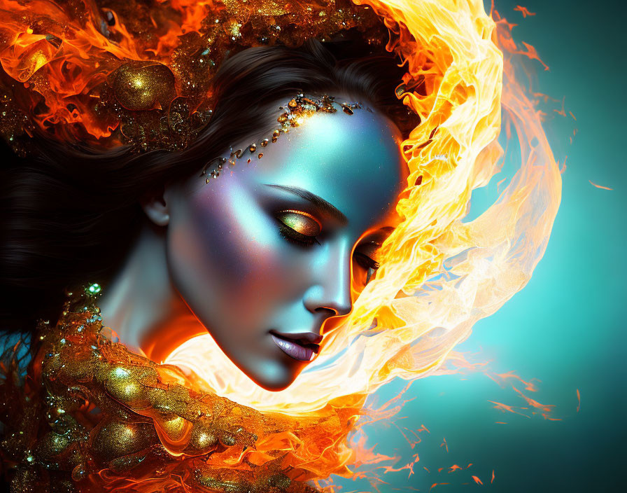 Vibrant digital artwork featuring woman with blue skin and golden makeup amidst fiery orange flames and gold accessories