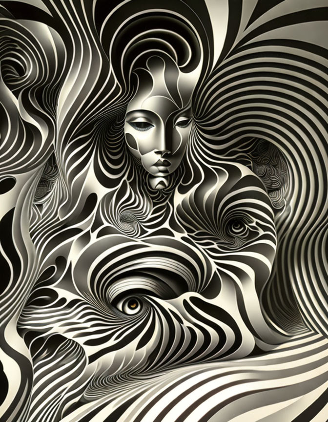 Monochrome optical illusion artwork of woman's face merging with swirling patterns