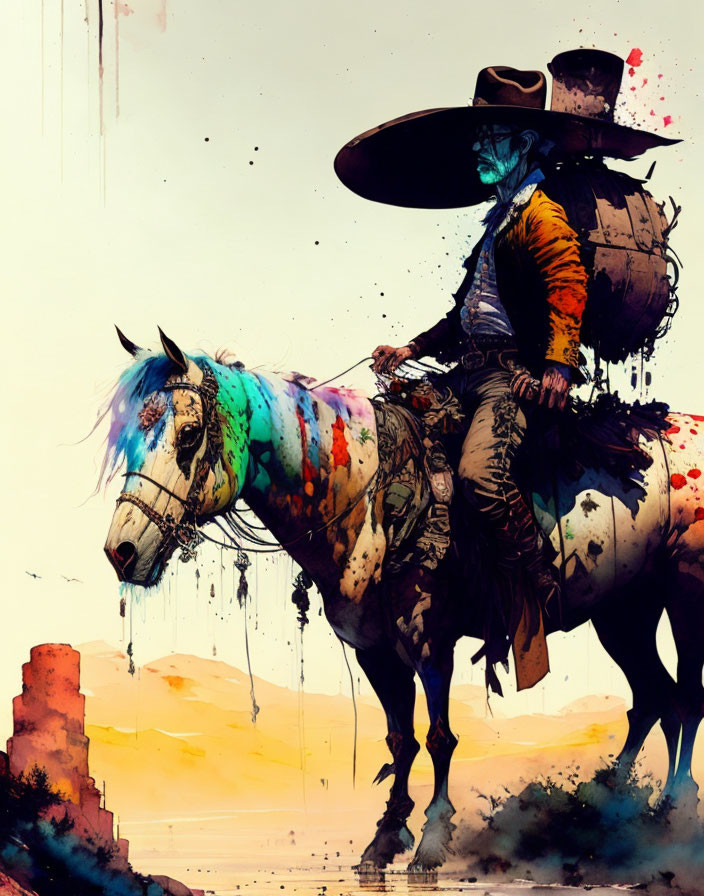 Colorful cowboy and horse art in modern Wild West style