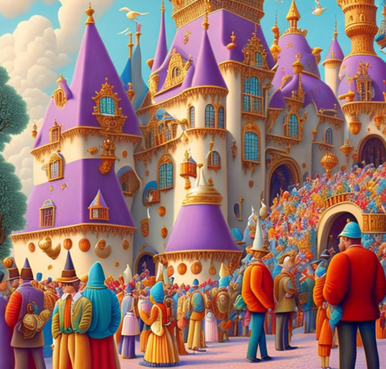 Fantastical castle with purple turrets and colorful crowd in elaborate costumes