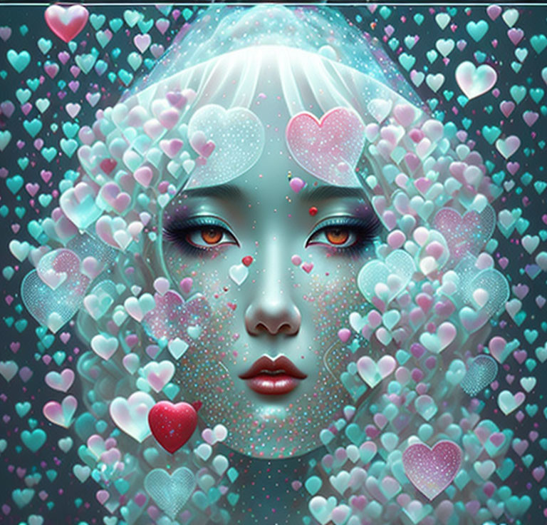 Woman's face surrounded by floating pink and blue hearts in whimsical illustration