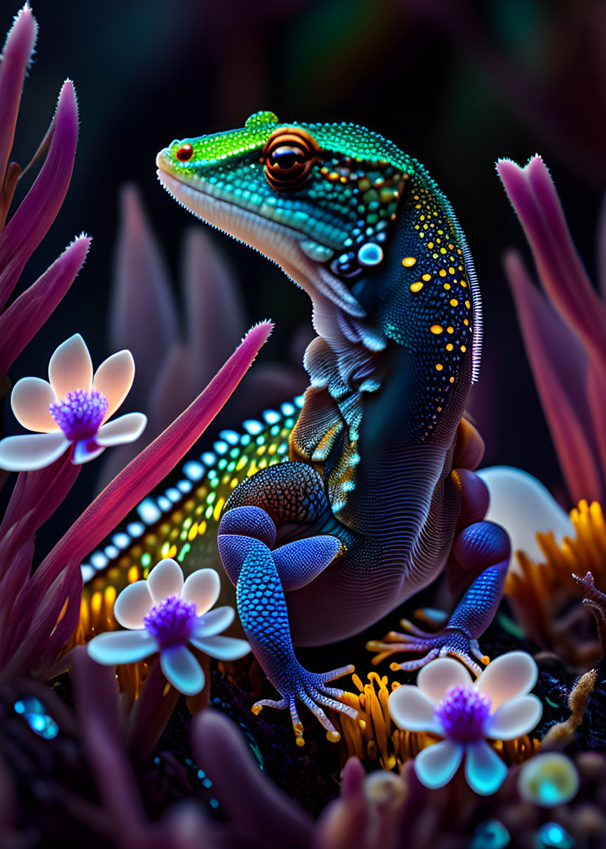 Colorful Gecko Among Vibrant Flowers and Moody Background