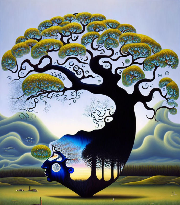 Surreal painting: Tree with brain-like canopies morphing into human face silhouette, hills,