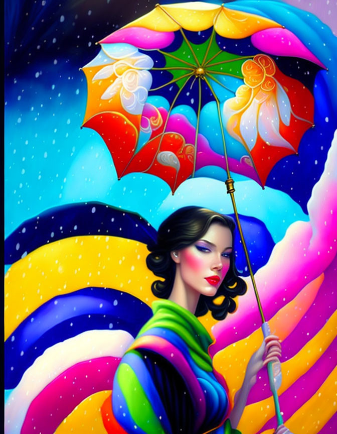 Vibrant woman with umbrella in colorful fantasy scene