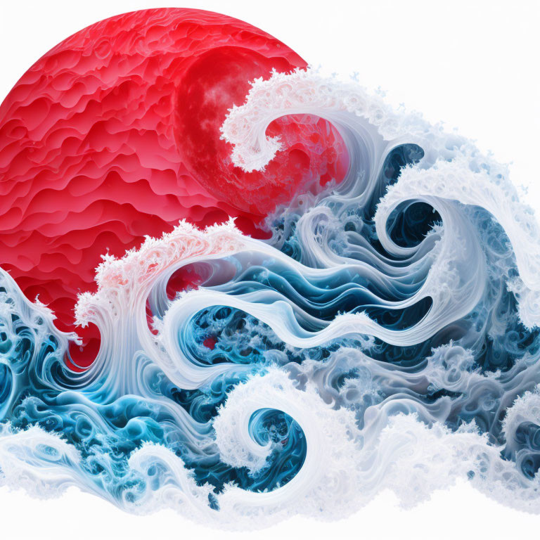 Red and Blue Stylized Wave with Swirling Patterns and Textures