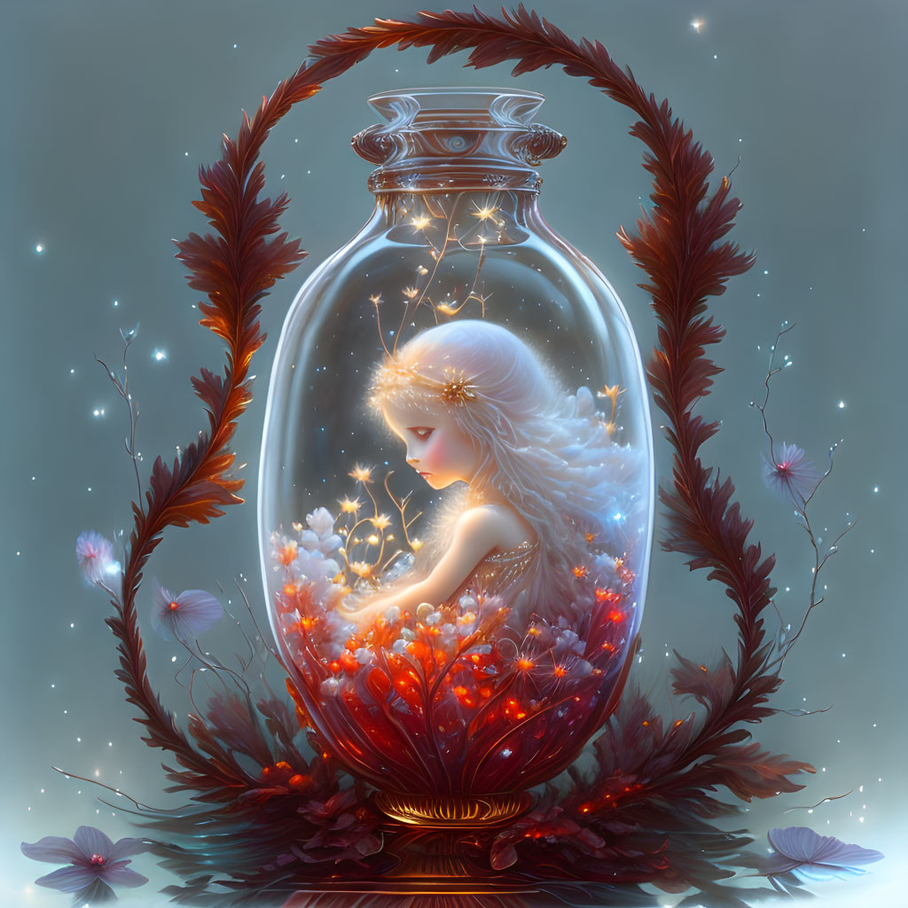 Luminous female figure surrounded by flowers in a transparent jar with leafy arch