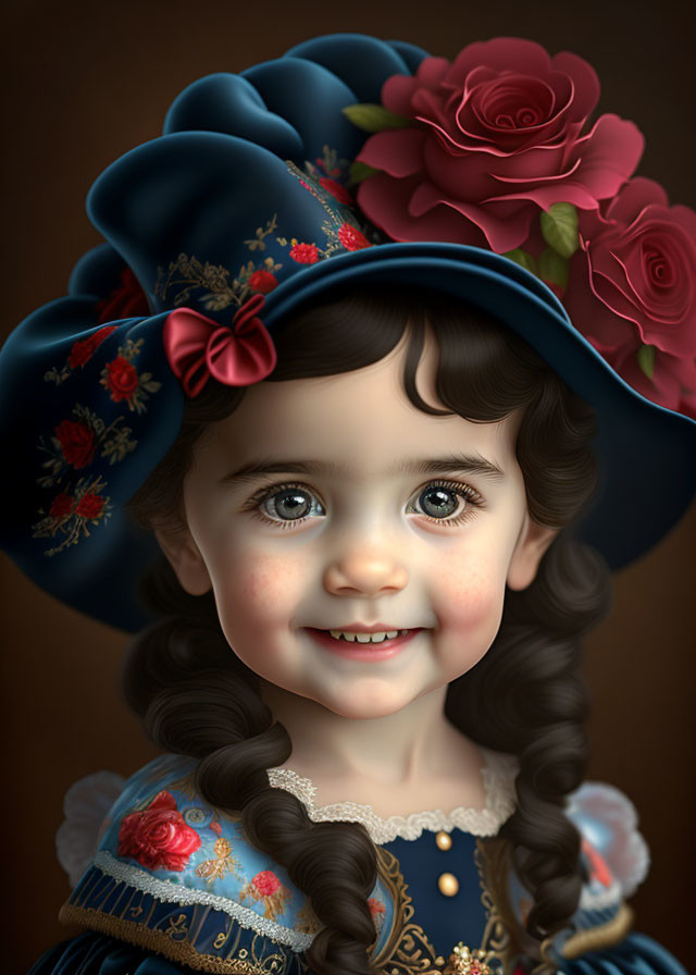 Young girl digital portrait with curly hair, green eyes, blue floral hat, vintage dress