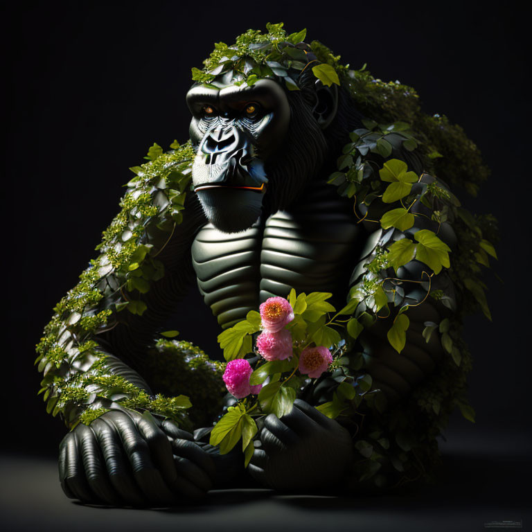 Intricately detailed gorilla statue with lush greenery and pink flowers on dark background