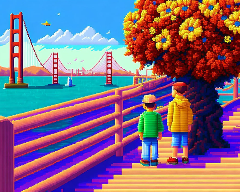 Pixel Art of Figures on Boardwalk Viewing Red Bridge