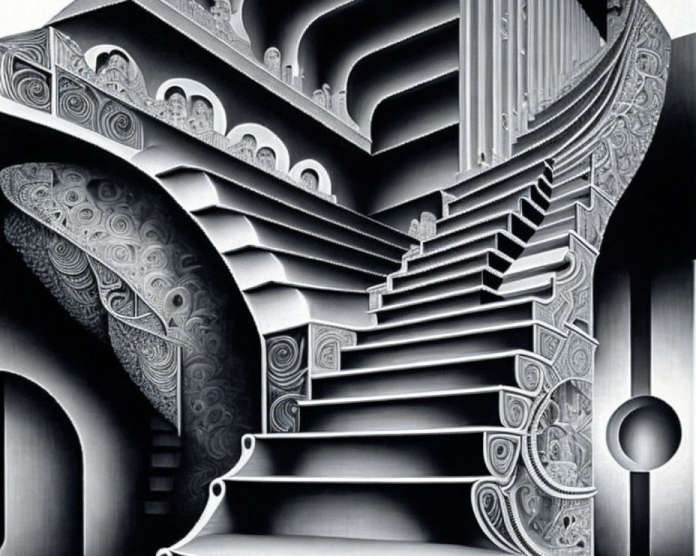 Detailed black and white surreal staircase illustration.