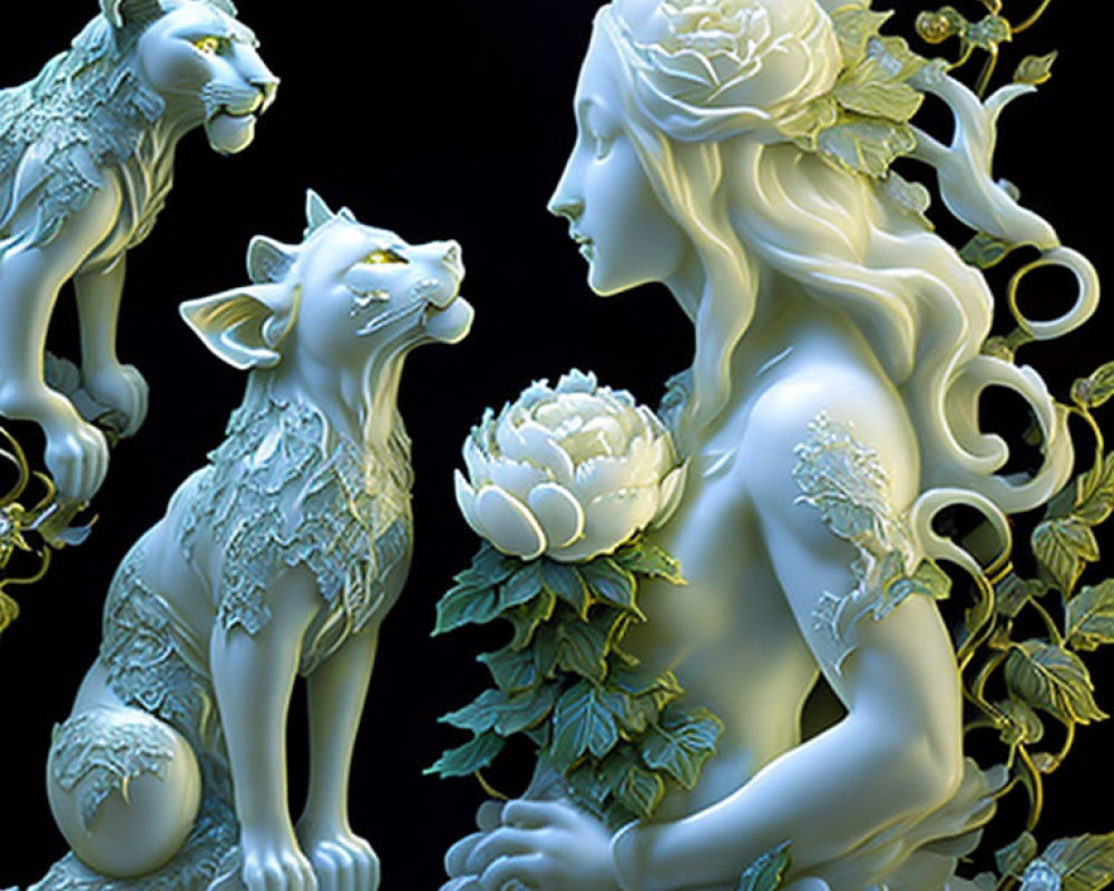 Detailed 3D Woman with Floral Hair and Wolf-like Creatures on Dark Background