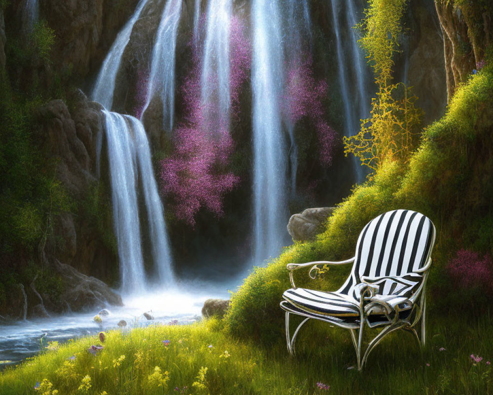 Tranquil waterfall scene with lush greenery and flowers around a solitary chair