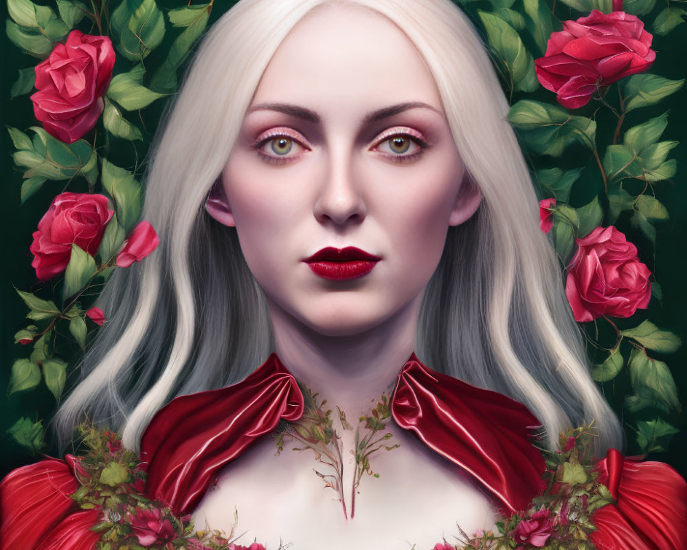 Portrait of a pale woman with white hair and red lips among red roses