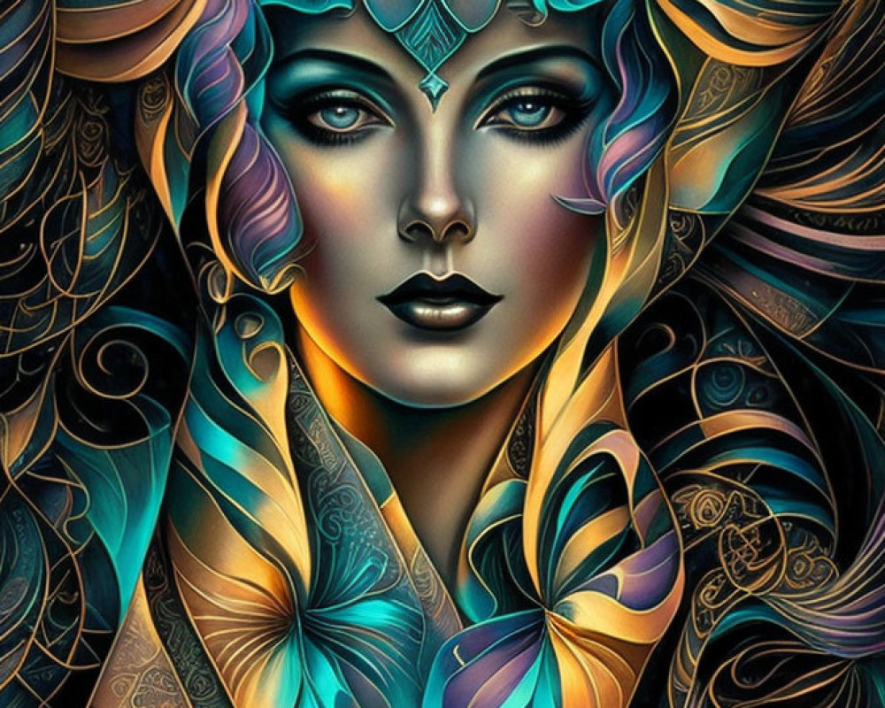 Colorful digital artwork: Woman with ornate headdress in blue, gold, teal