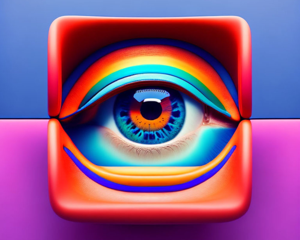 Abstract digital artwork: Human eye in multicolored, wavy layers.